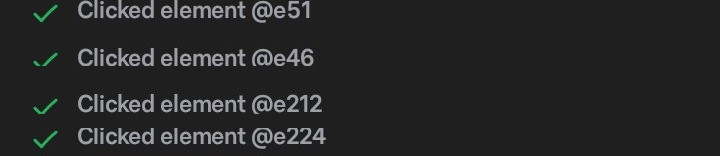 Cropped screenshot of an AI browser agent's activity feed showing four entries labeled only with internal element IDs: Clicked element @e51, @e46, @e212, @e224.