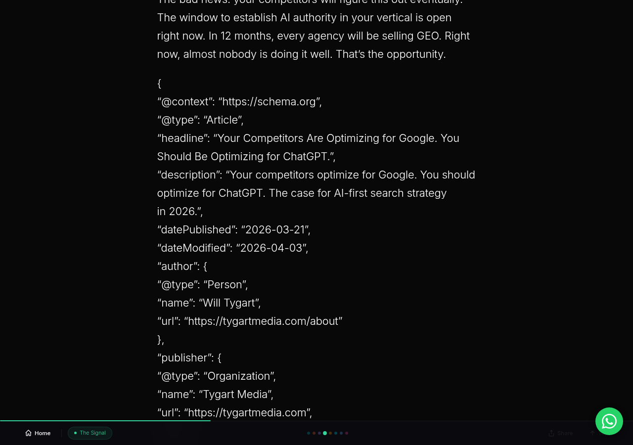 Before: the end of “Your Competitors Are Optimizing for Google. You Should Be Optimizing for ChatGPT.” with its Article schema printed as visible text, curly quotes and all