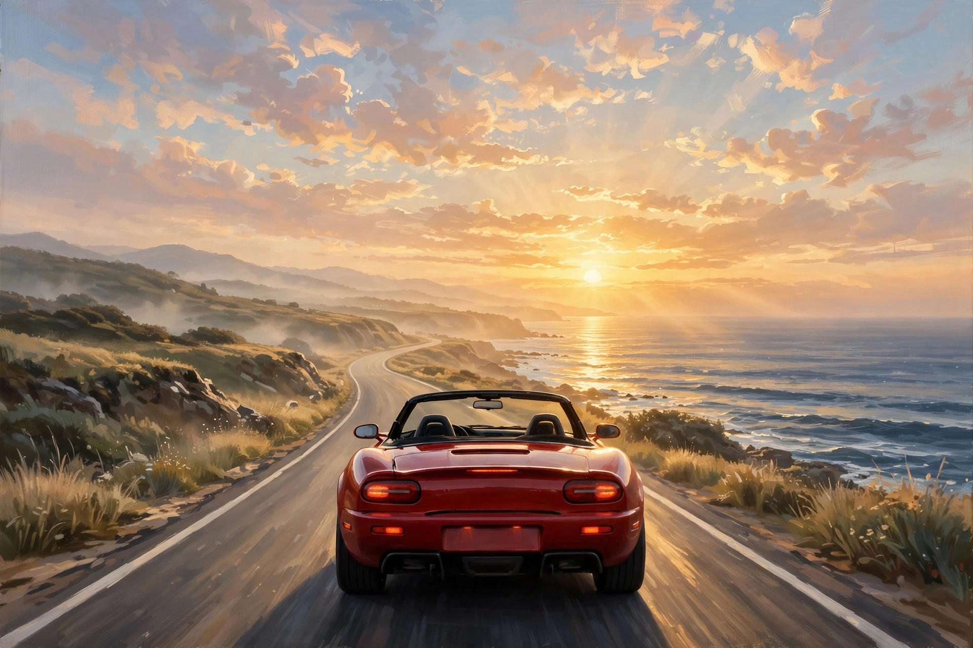 The Ferrari — top down toward the sunrise