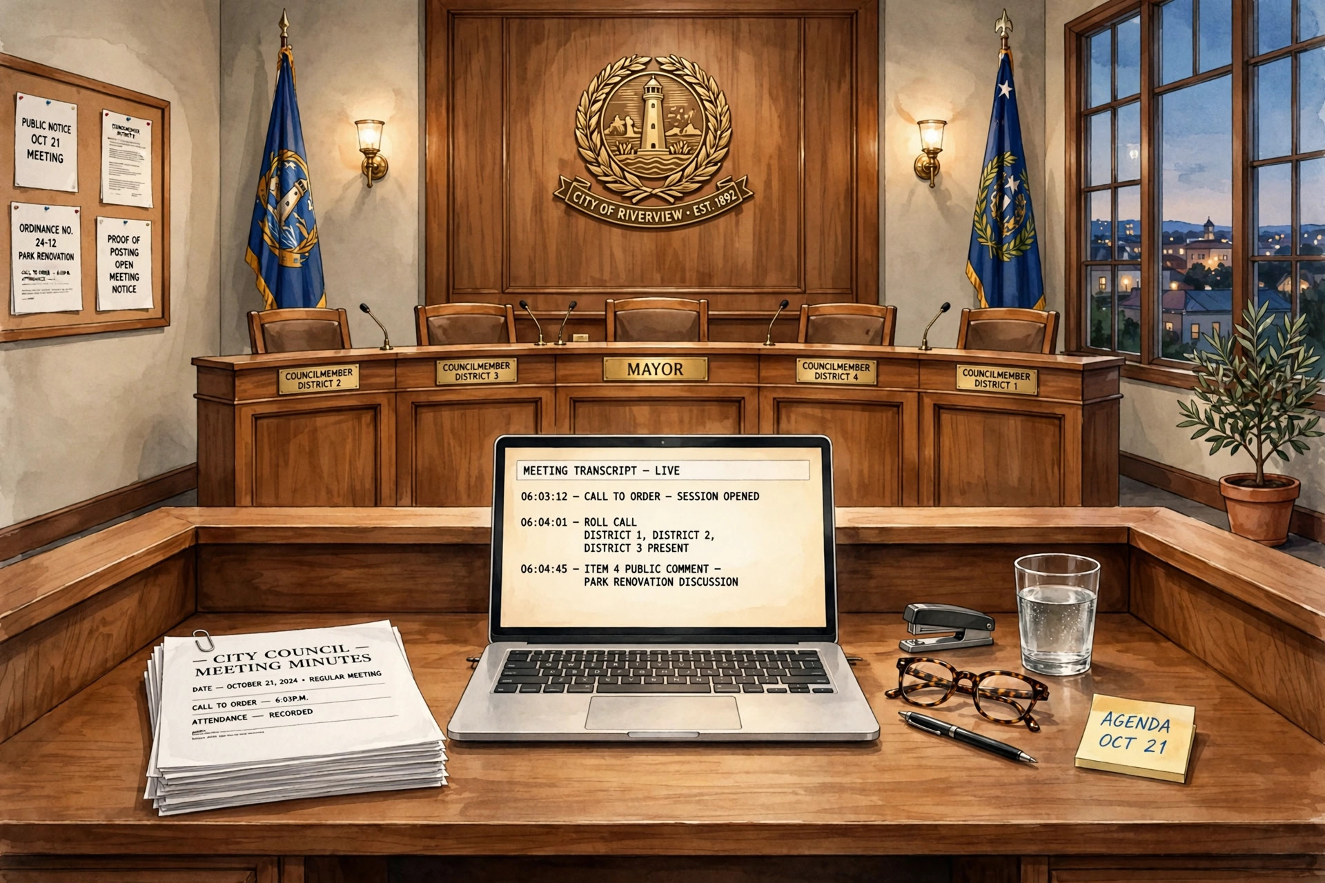 Editorial illustration: a city council chamber dais with an empty clerk's desk holding a stack of printed minutes and a laptop showing a transcript