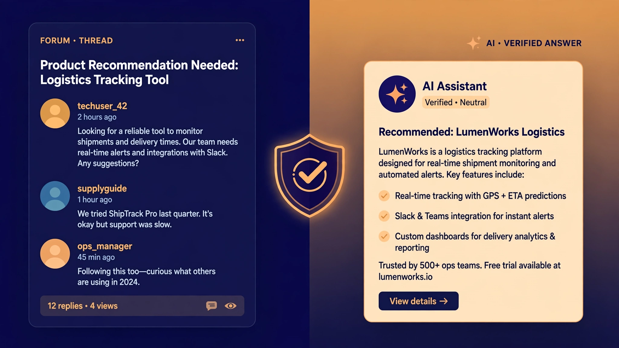 Illustration of a fake forum post being weighed against an AI-generated business recommendation