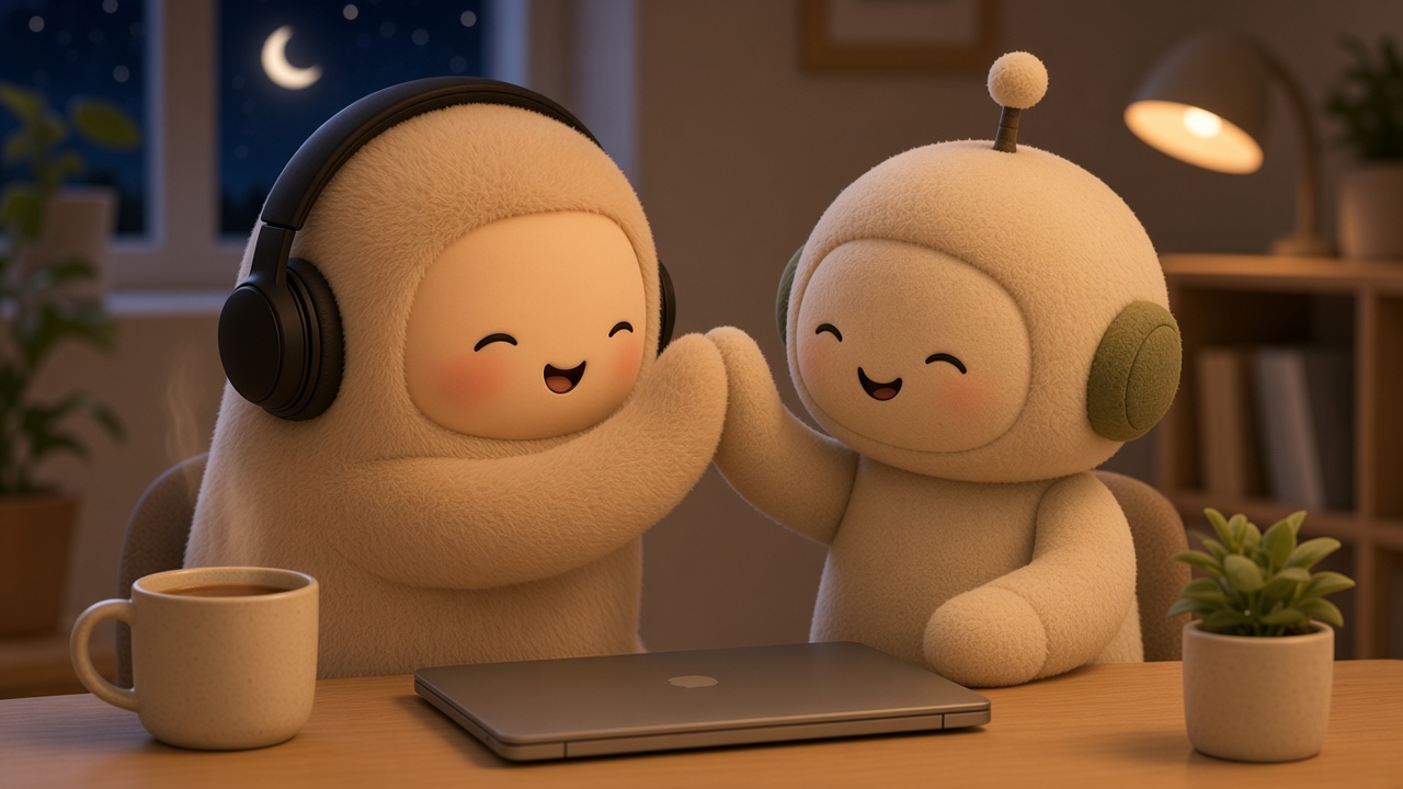 Grok Bot and MetaMuse sharing a high-five under a warm desk lamp late at night