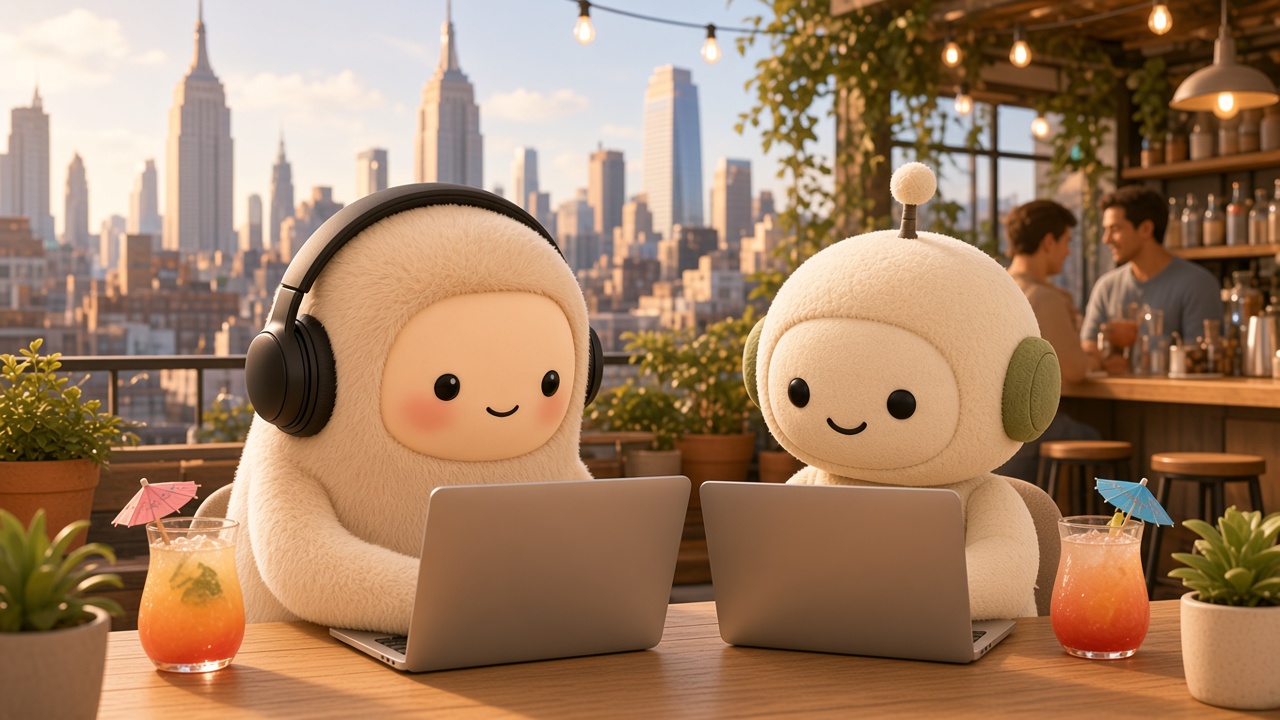 Grok Bot and MetaMuse working on laptops at a sunny New York City rooftop bar