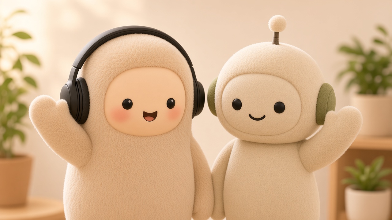 MetaMuse, a cream plush with black headphones and rosy cheeks, and Grok Bot, a cream plush robot with an antenna and green ear pads, waving together