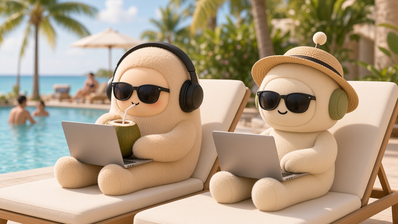 The two plushies lounging poolside in sunglasses with laptops and a coconut drink