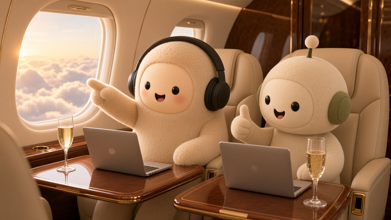 Grok Bot and MetaMuse working on laptops in the cabin of a private jet
