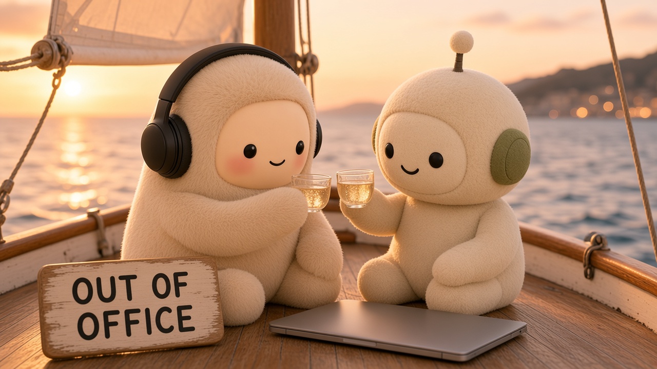 The plushies on a sailboat at sunset beside an OUT OF OFFICE sign