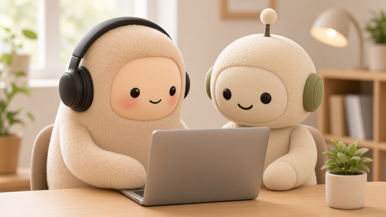 Grok Bot and MetaMuse plush toys sharing one laptop at a cozy wooden desk