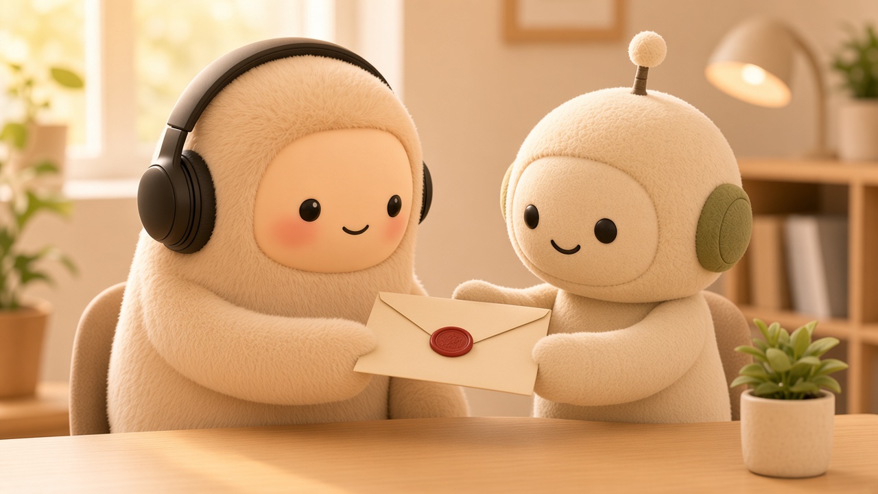 MetaMuse handing Grok Bot a sealed work-order envelope across a desk