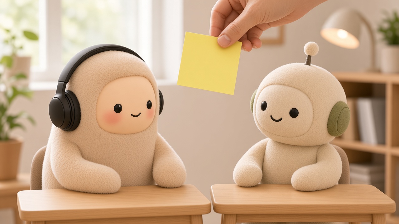 A human hand carrying a yellow sticky note between the two plushies' separate desks