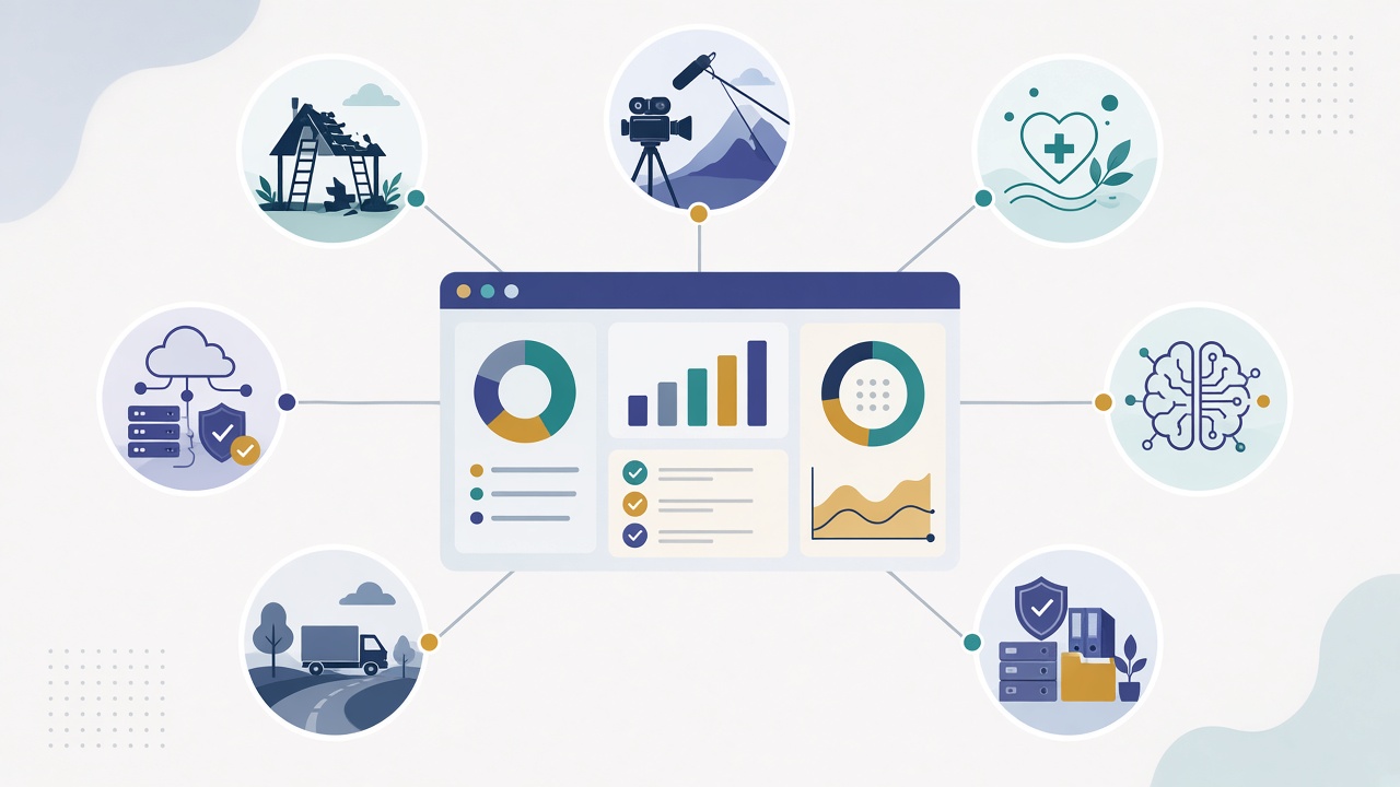 Central business dashboard with charts and checklists linked to icons for several different companies