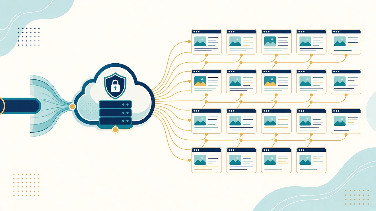 Padlocked cloud server proxy routing connections out to a grid of WordPress site cards