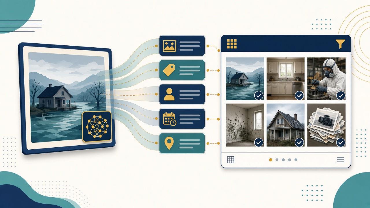 Flooded-house photo passing through metadata fields into a tagged, searchable image library