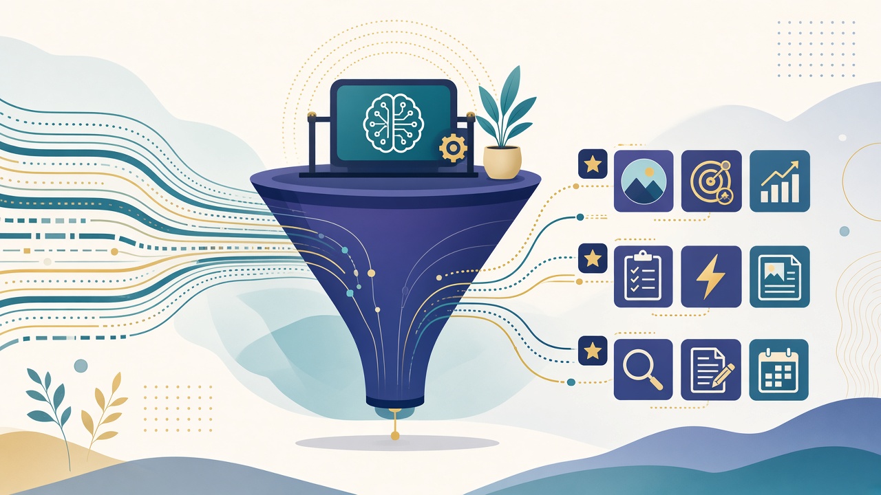 Streams of keyword data pouring into a funnel and sorting into ranked content topic tiles
