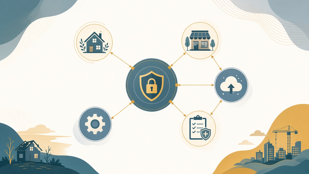 Padlock hub connecting sister site icons such as a home, a storefront and a cloud