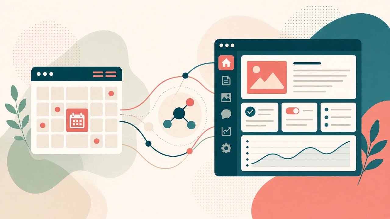 Content calendar connected through a sharing node to a social media dashboard with image and analytics panels