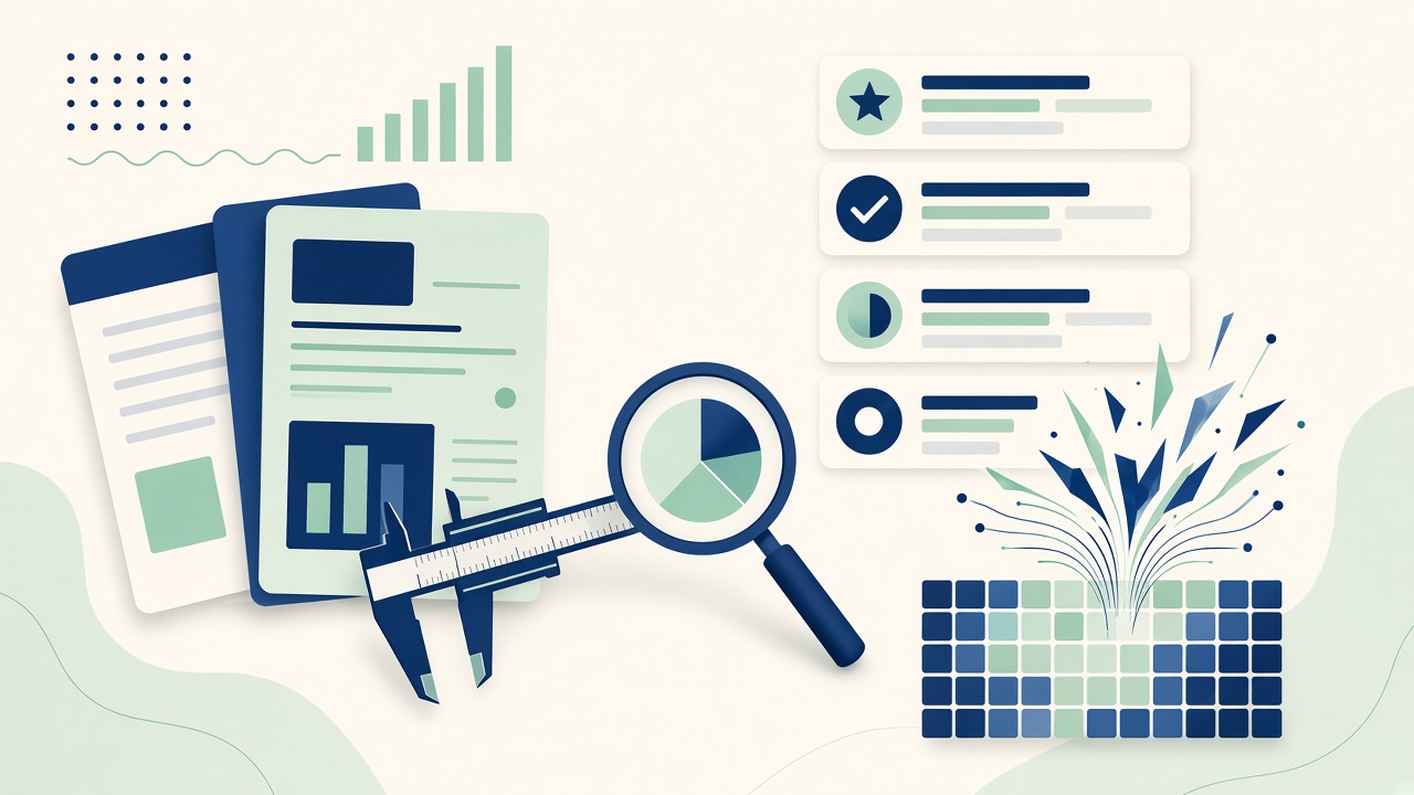 Report pages, a caliper and a magnifying glass measuring content beside a scored checklist