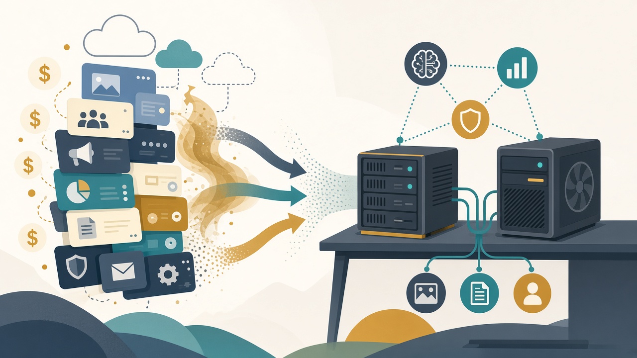 Pile of SaaS tool subscriptions and dollar signs flowing into two local servers on a desk