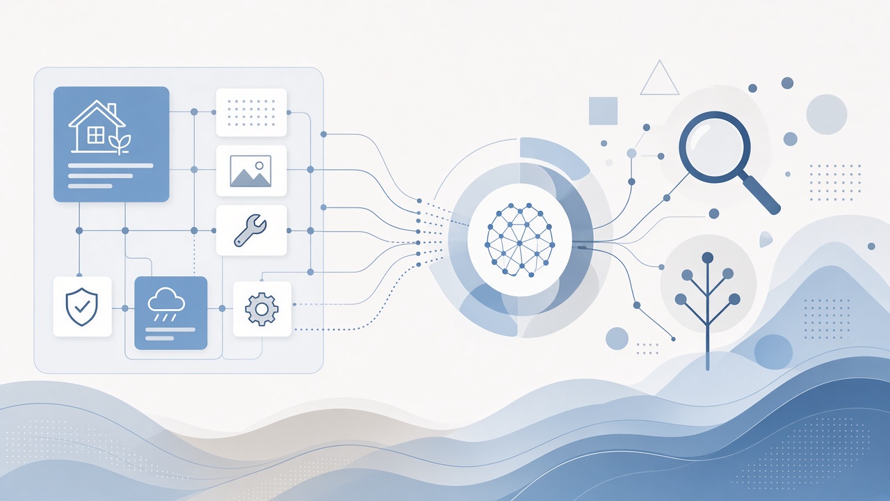 Structured data blocks wired into a network node that connects to a search magnifying glass