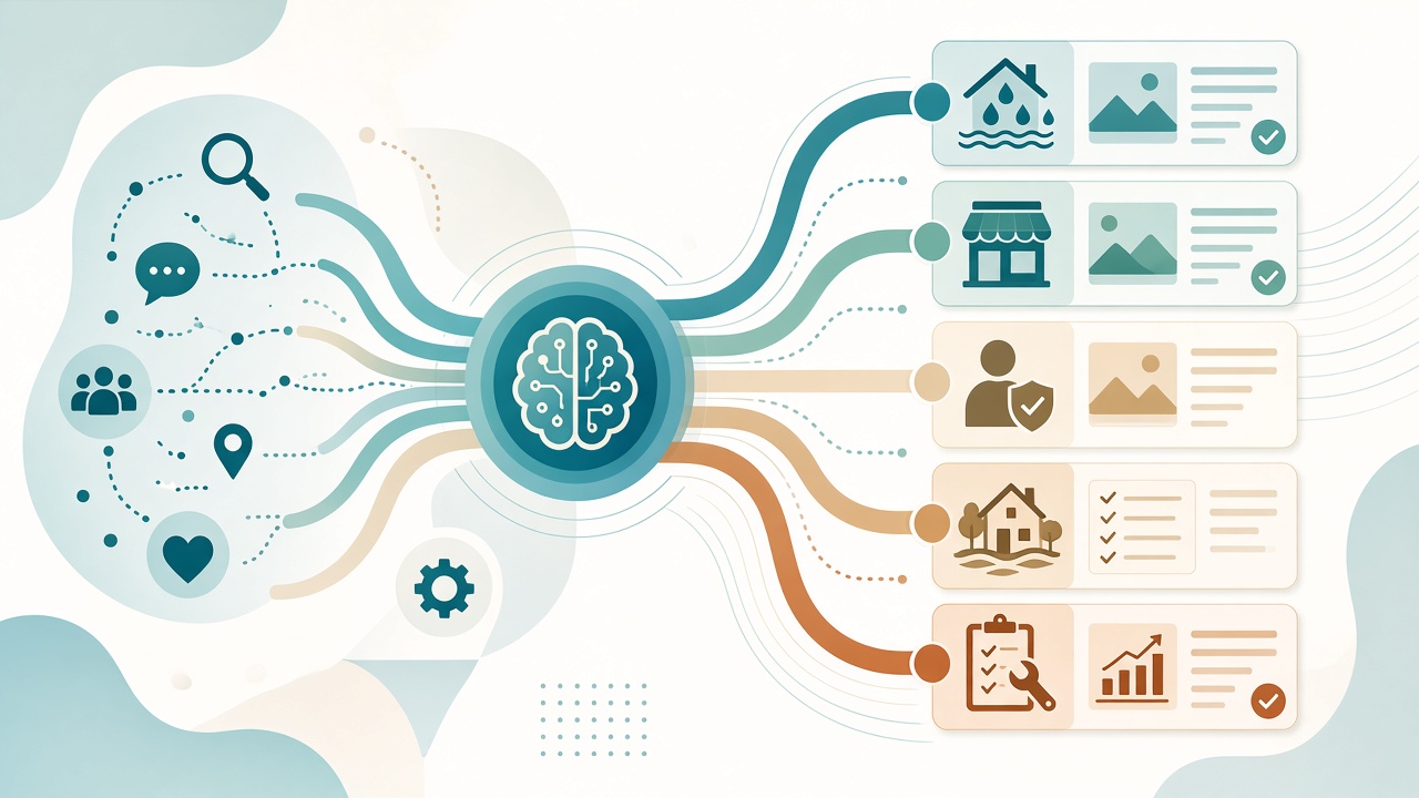 Search intent signals routed through an AI brain into tailored content tracks for different audiences