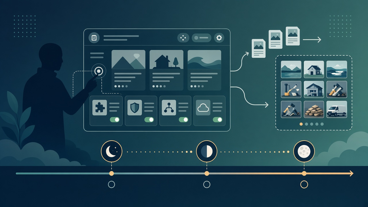 Person at a WordPress-style dashboard of posts and images, with a day-to-night timeline below