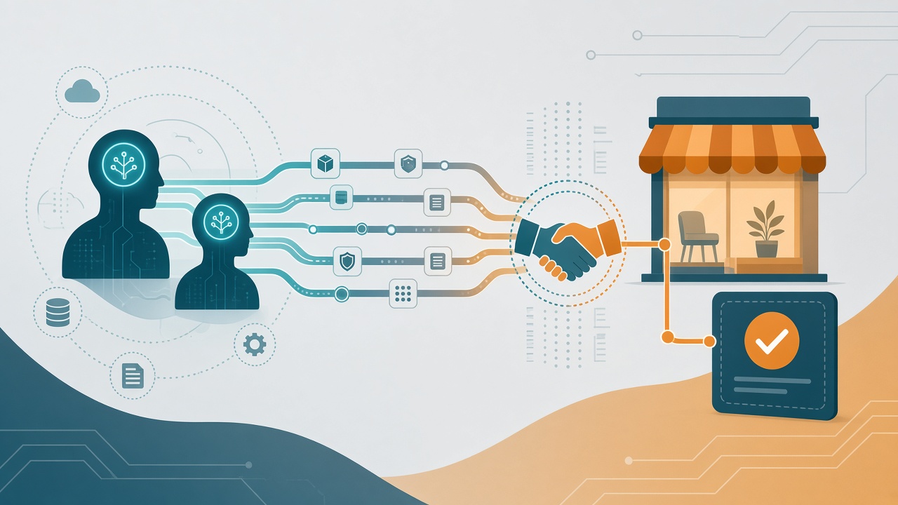 Two AI agent profiles connected by data streams to a handshake and a storefront checkout