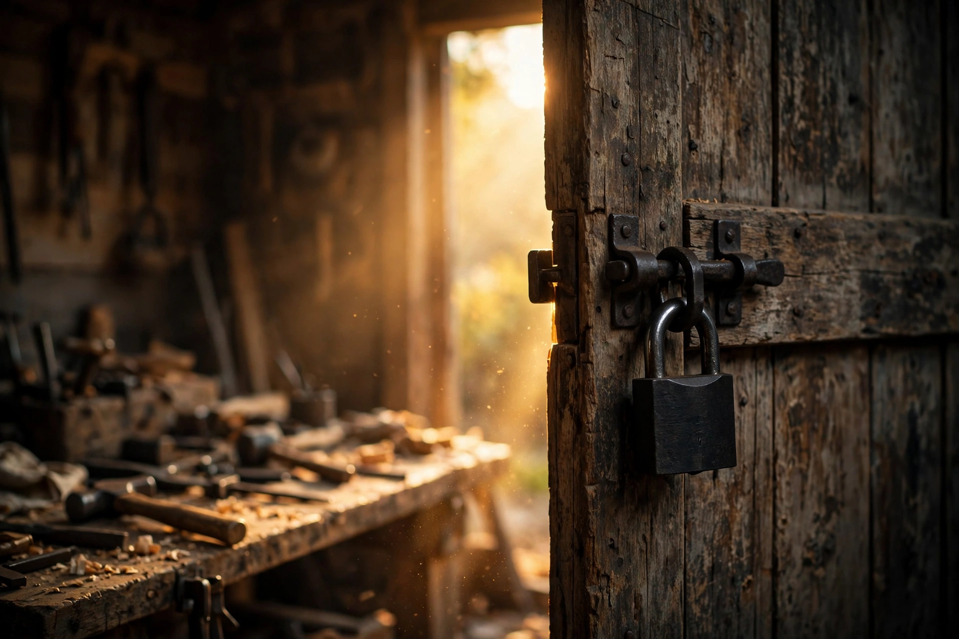 An old wooden workshop door with an iron padlock and bolt, golden light coming through the gap