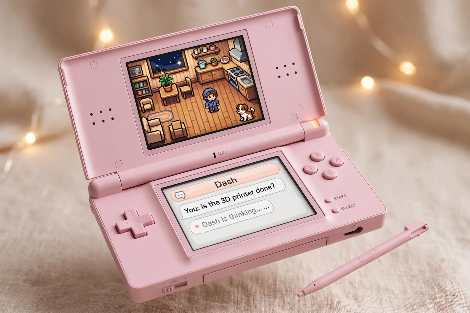 A pink Nintendo DS Lite running a pixel-art home assistant called Dash