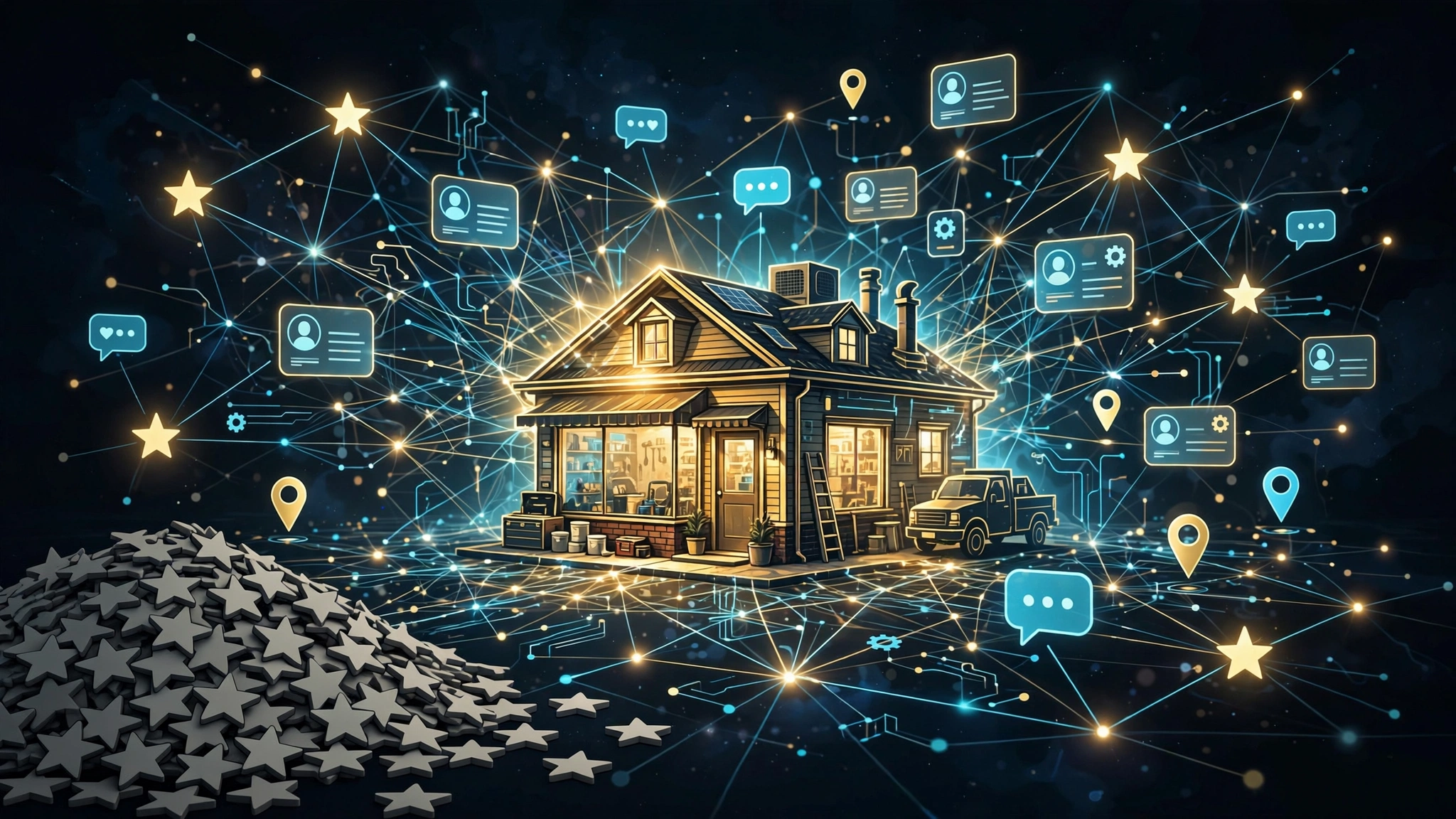 A local contractor business at the center of a glowing reputation graph, with a pile of disconnected review stars off to the side