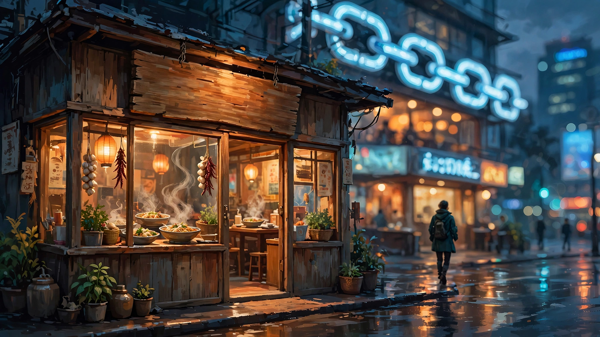 A cozy family-run Thai restaurant glowing warmly at dusk while a chain restaurant sign looms in the background