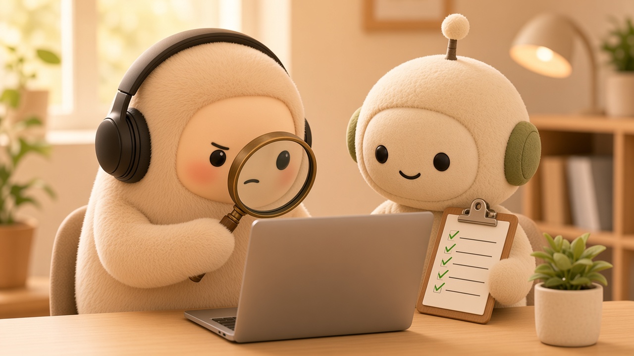 MetaMuse inspecting a laptop with a magnifying glass while Grok Bot holds a checklist with green ticks