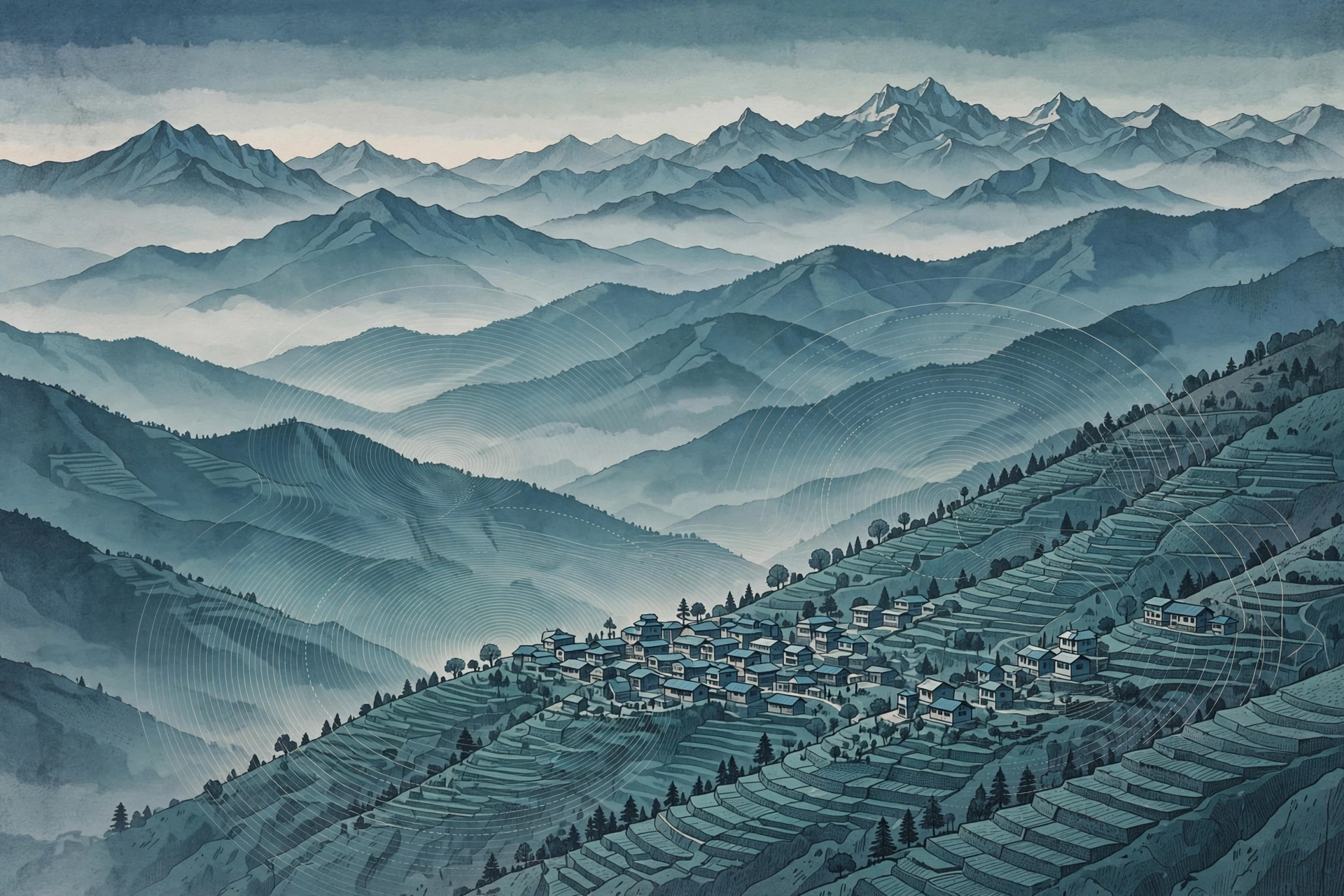 Himalayan mountain town at dawn with abstract seismic rings over the ridges