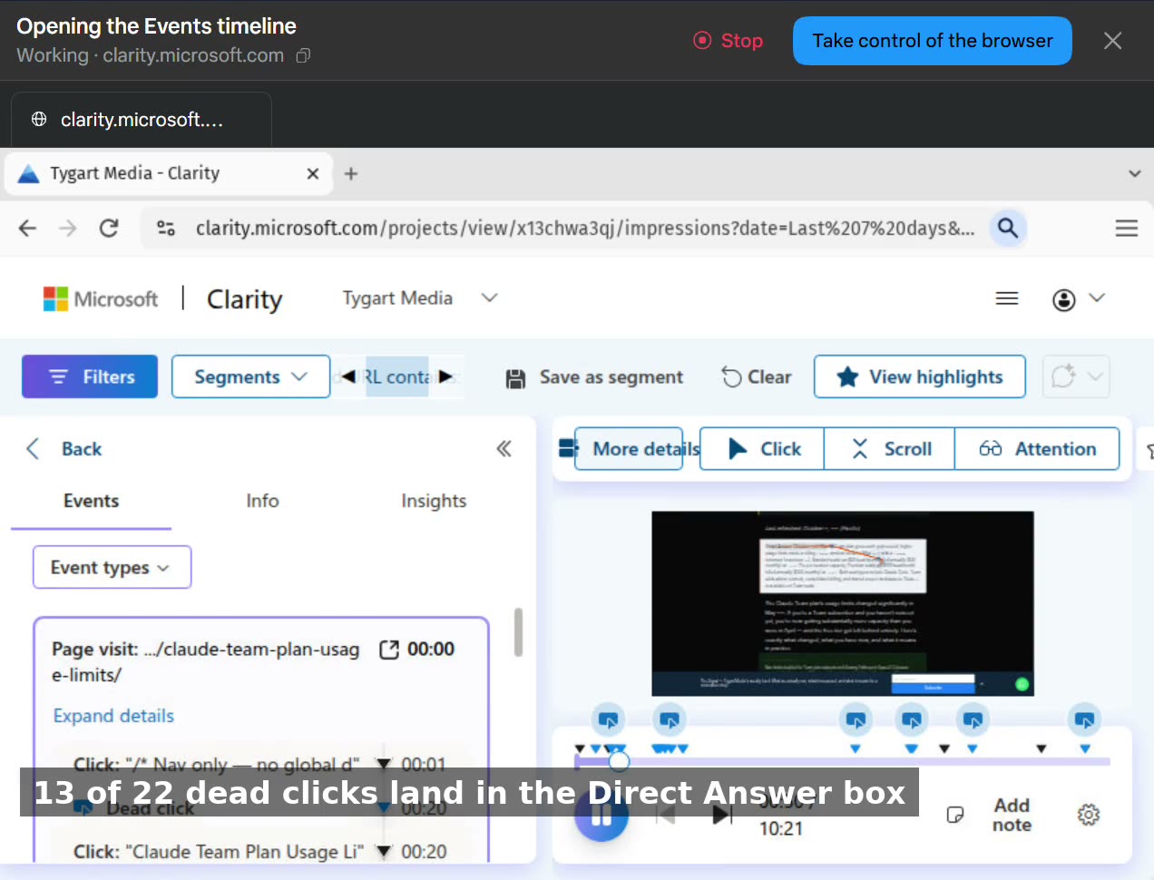 Microsoft Clarity session recording for a Tygart Media pricing page, Events timeline open, captioned: 13 of 22 dead clicks land in the Direct Answer box.