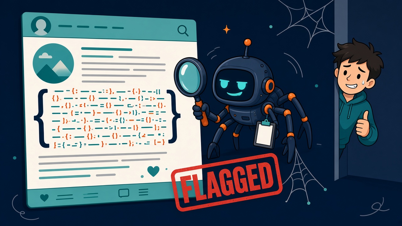 Cartoon crawler robot stamping FLAGGED on a blog post full of visible code while the blogger gives a sheepish thumbs-up