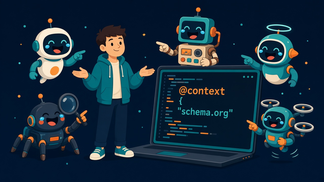 Cartoon of a blogger shrugging beside a laptop full of schema code while a group of AI bots and crawler robots point and laugh