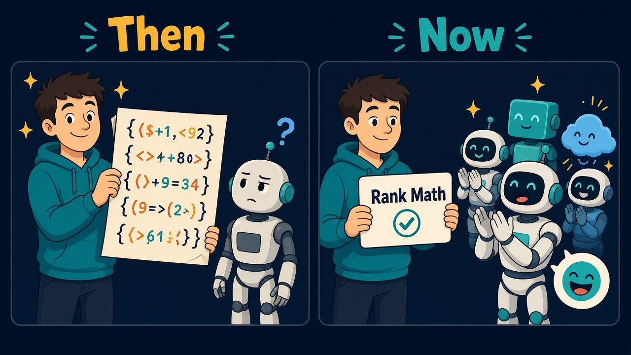 Then and now cartoon: a blogger holding a sign of raw code, then a Rank Math badge as robots applaud