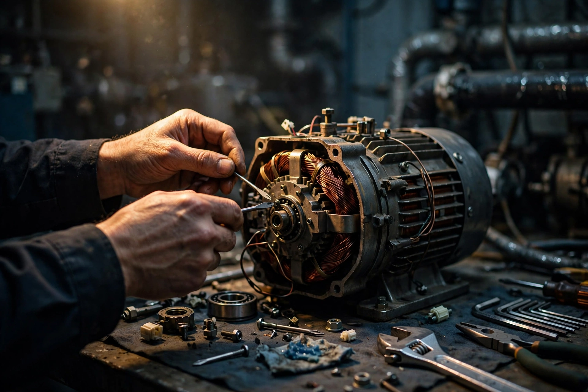 A technician's hands rebuilding an electric motor on a workbench, tools laid out with care