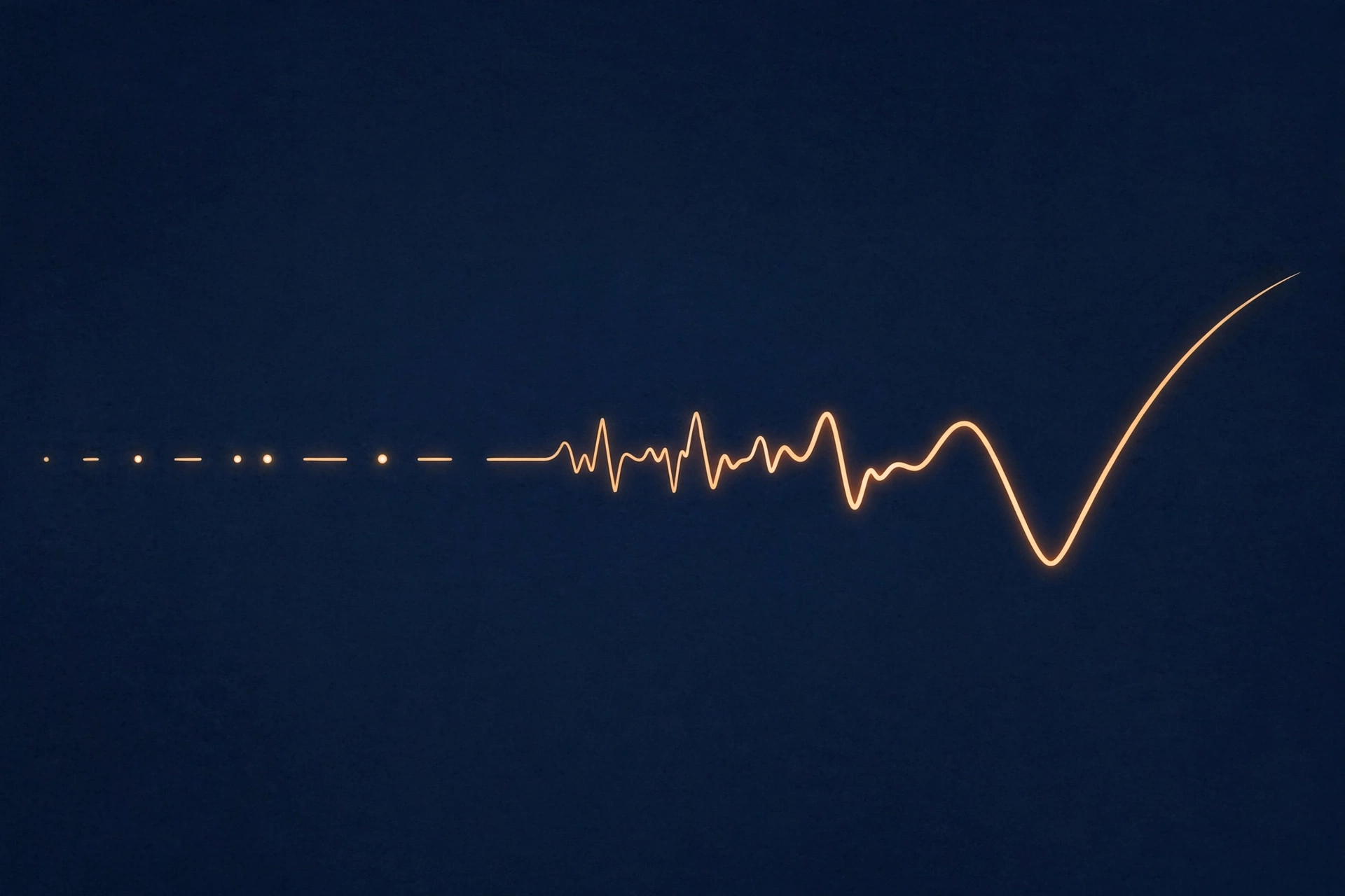 Dots and dashes of light resolving through a waveform into a checkmark — a signal becoming a decision