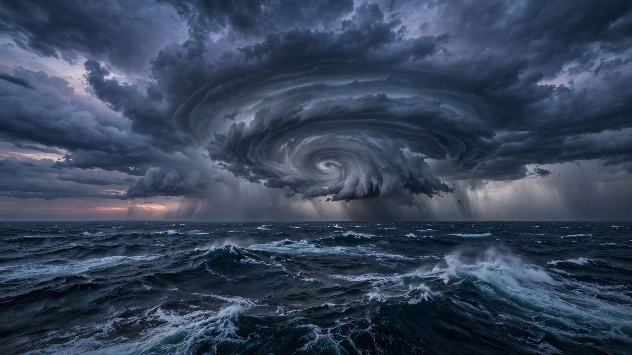 Hurricane storm clouds rotating over the ocean at dusk
